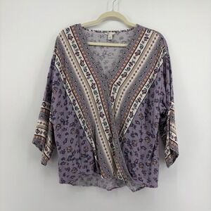 Cato Womens Large Purple Floral Surplice Top 3/4 Sleeve Boho Wrap Front Blouse